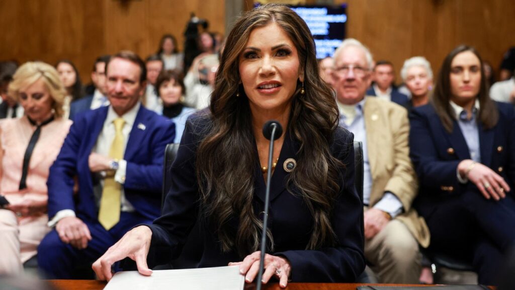 Kristi Noem, U.S. President-elect Donald Trump's secretary of Homeland Security nominee, testifies during a Senate Homeland Security and Governmental Affairs Committee confirmation hearing on Capitol Hill in Washington, U.S., January 17, 2025.