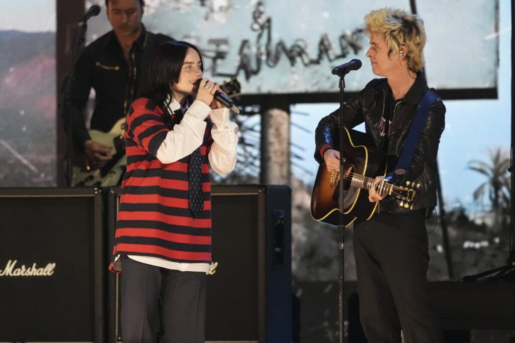 Billie Eilish and Billie Joe Armstrong early in the FireAid benefit.