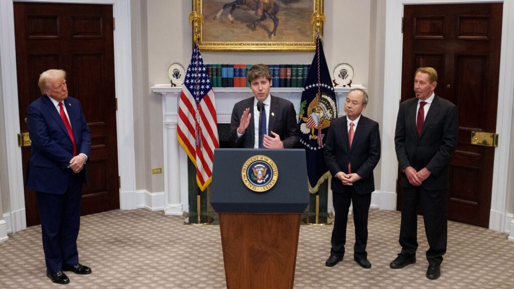 OpenAI CEO Sam Altman, accompanied by President Donald Trump, Oracle CTO Larry Ellison, and SoftBank CEO Masayoshi Son.