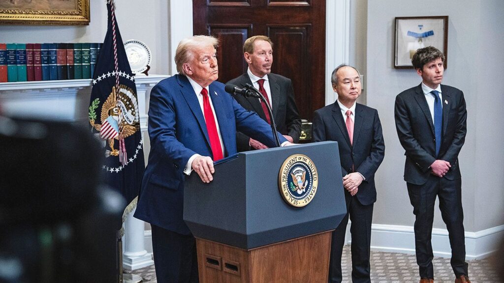 Sam Altman, chief executive of OpenAI, Masayoshi Son, SoftBank Group CEO, and Larry Ellison, chairman of Oracle Corporation and chief technology officer, listen as President Donald trump speaks during a press conference at the White House.