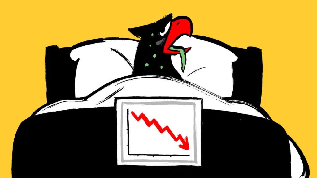 An eagle sweating in his bed with a sign showing a red downward arrow attached to the end of the bedframe