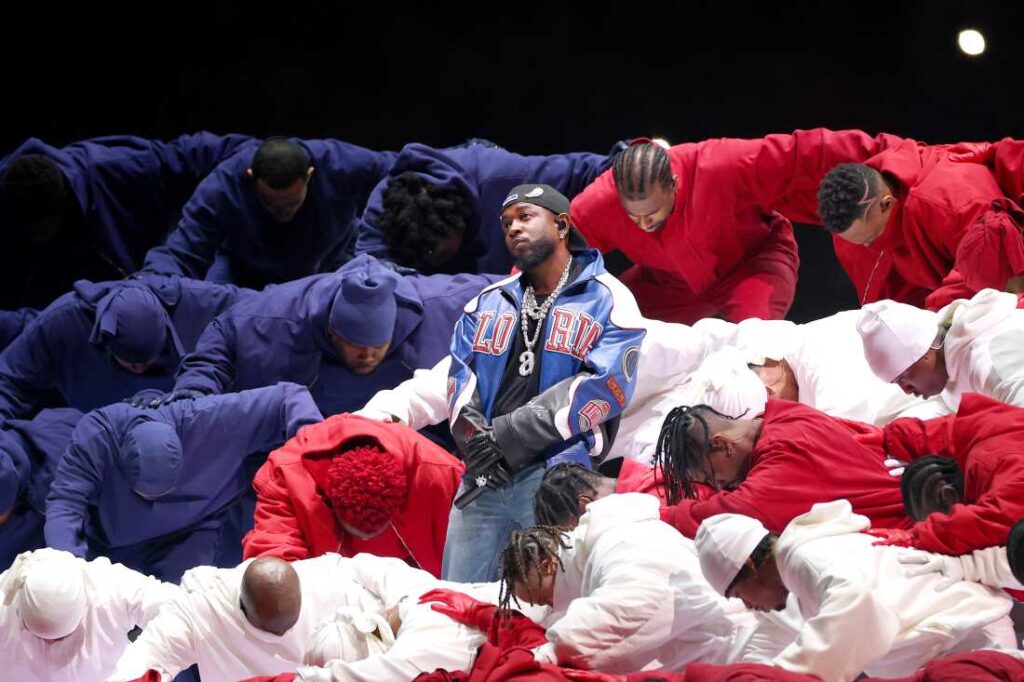 NEW ORLEANS, LOUISIANA - FEBRUARY 09: Kendrick Lamar performs onstage during Apple Music Super Bowl LIX Halftime Show at Caesars Superdome on February 09, 2025 in New Orleans, Louisiana. (Photo by Gregory Shamus/Getty Images)