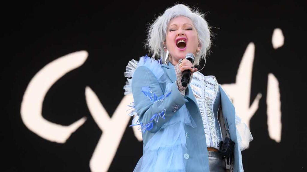 Cyndi Lauper performs on the Pyramid Stage during day four of Glastonbury Festival 2024 at Worthy Farm, Pilton on June 29, 2024 in Glastonbury, England. Founded by Michael Eavis in 1970, Glastonbury Festival features around 3,000 performances across over 80 stages. Renowned for its vibrant atmosphere and iconic Pyramid Stage, the festival offers a diverse lineup of music and arts, embodying a spirit of community, creativity, and environmental consciousness. (Photo by Leon Neal/Getty Images)