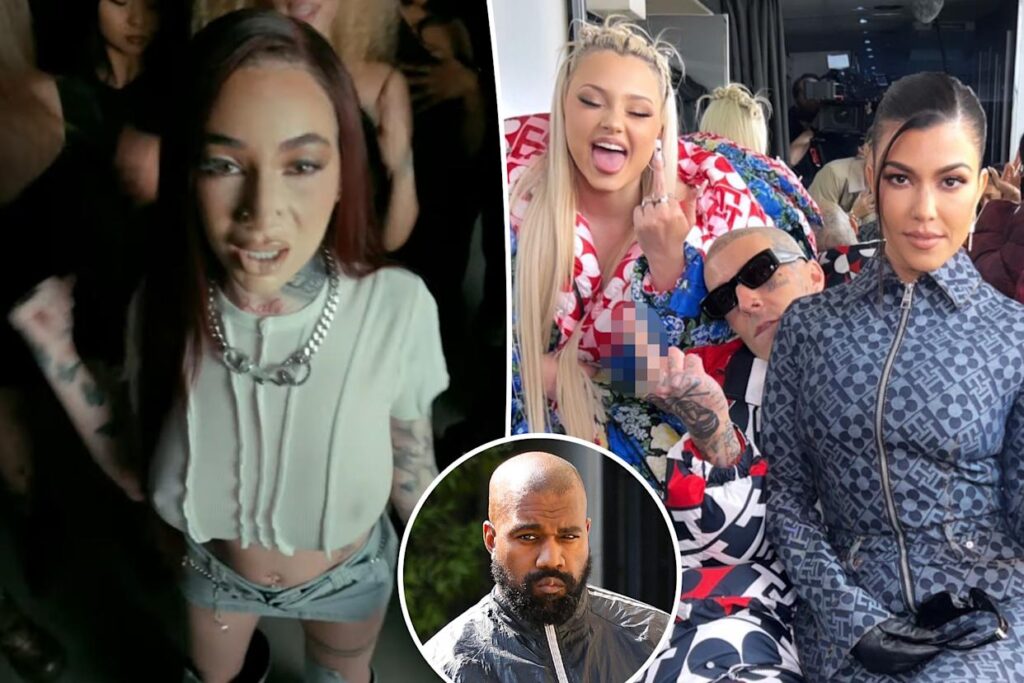 Bhad Bhabie split image with Kourtney Kardashian, Travis Barker and Alabama Barker inset with Kanye West.