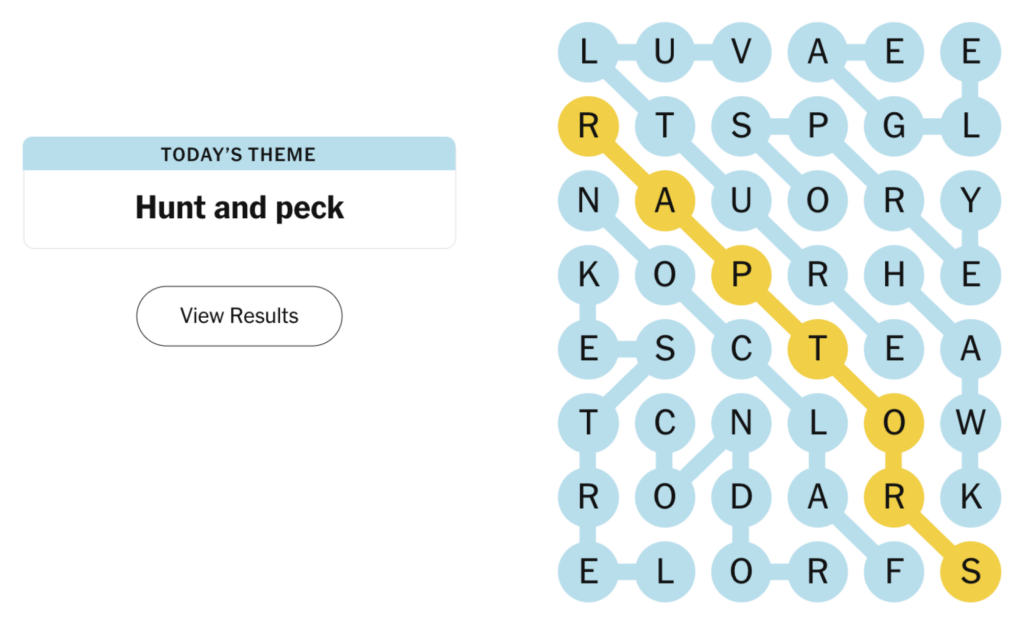 Completed NYT Strands board for February 1, 2024: Hunt and peck.