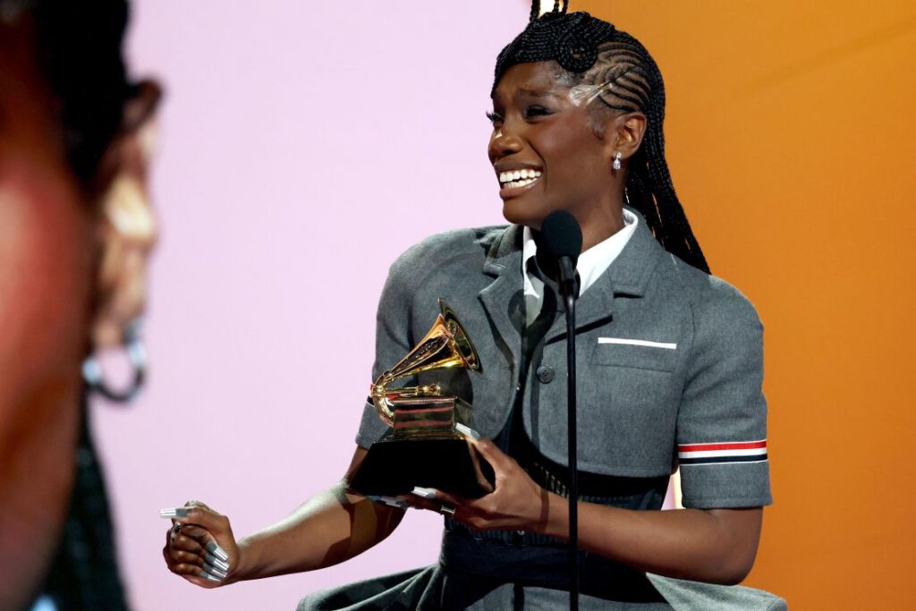 Doechii accepts the award for best rap album for “Alligator Bites Never Heal” onstage at the Grammy Awards in Los Angeles.