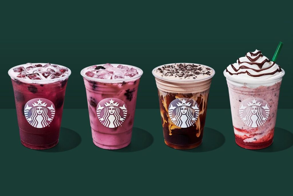 Starbucks Blackberry Sage Refreshers + Valentine's Day Beverages on a dark green background.