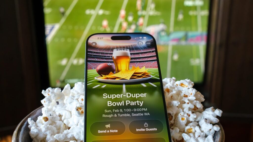 An iPhone on top of a bowl of popcorn in front of a TV that&apos;s playing a football game.