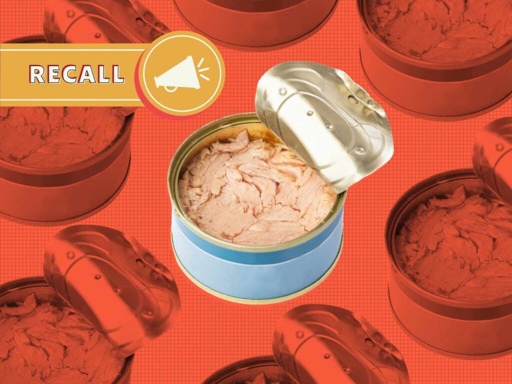 An array of Tuna cans on a red background with a recall sticker