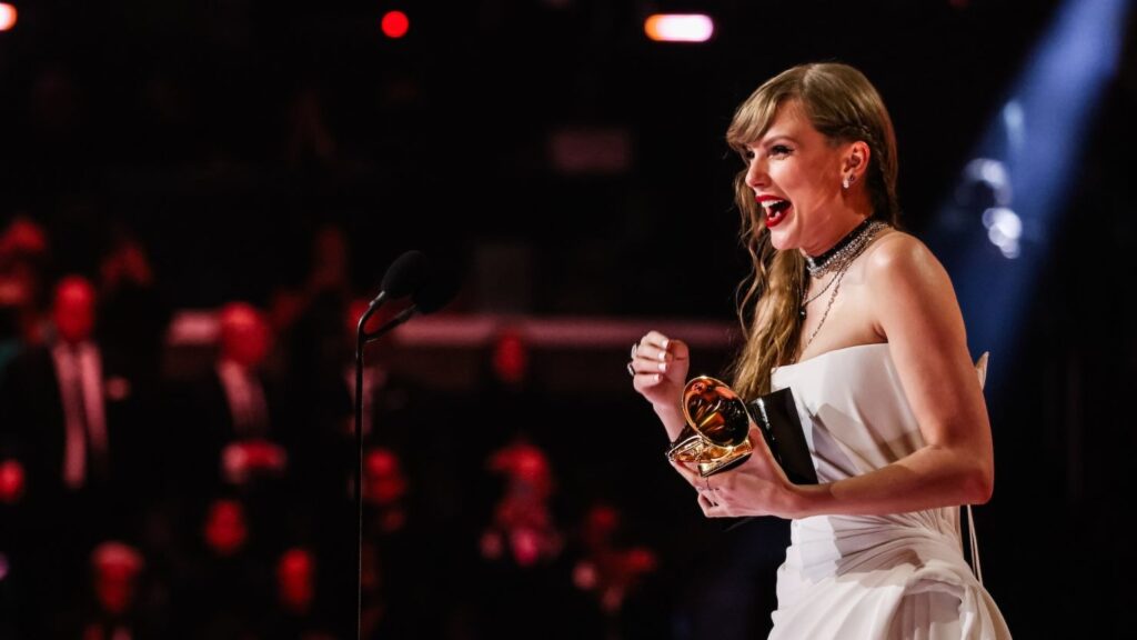 Taylor Swift at the 2024 Grammy Awards in Los Angeles.