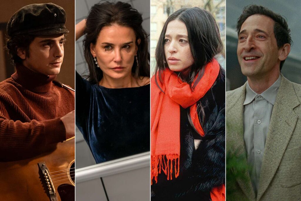 Timothee Chalamet in A COMPLETE UNKNOWN; Demi Moore in in The Substance; Mikey Madison in Anora; Adrien Brody in The Brutalist