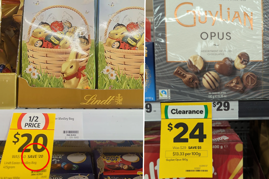 Left: Lindt Easter eggs priced at $20 down from $40 at Coles. Right: Guylian chocolate sea shells priced at $24 down from $29.