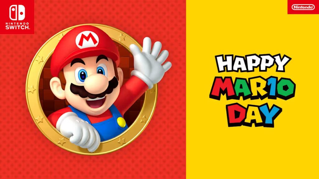 An illustration shows Mario, in red hat and blue overalls, waving from a porthole. On the right it says, "Happy Mario Day" in a blocky, cartoonish font.