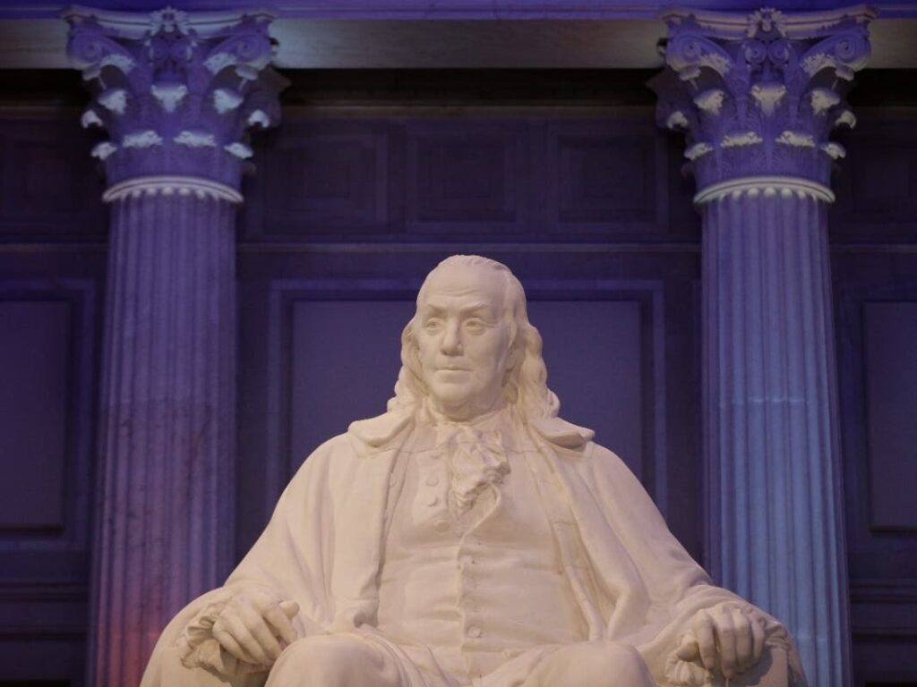 A statue of Benjamin Franklin is seen at The Franklin Institute, Tuesday, Feb. 10, 2015, in Philadelphia.