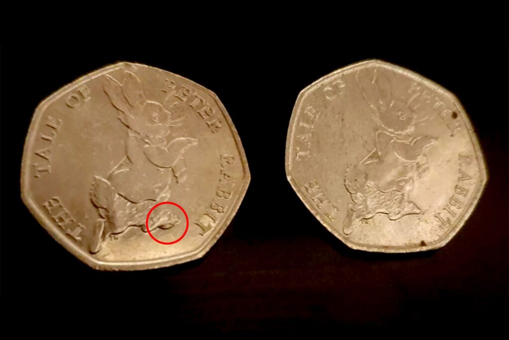 The commemorative coin was listed online for £25,000 after the owner from Dereham, Norfolk, noticed a tiny lump of metal sticking out of Peter Rabbit’s foot