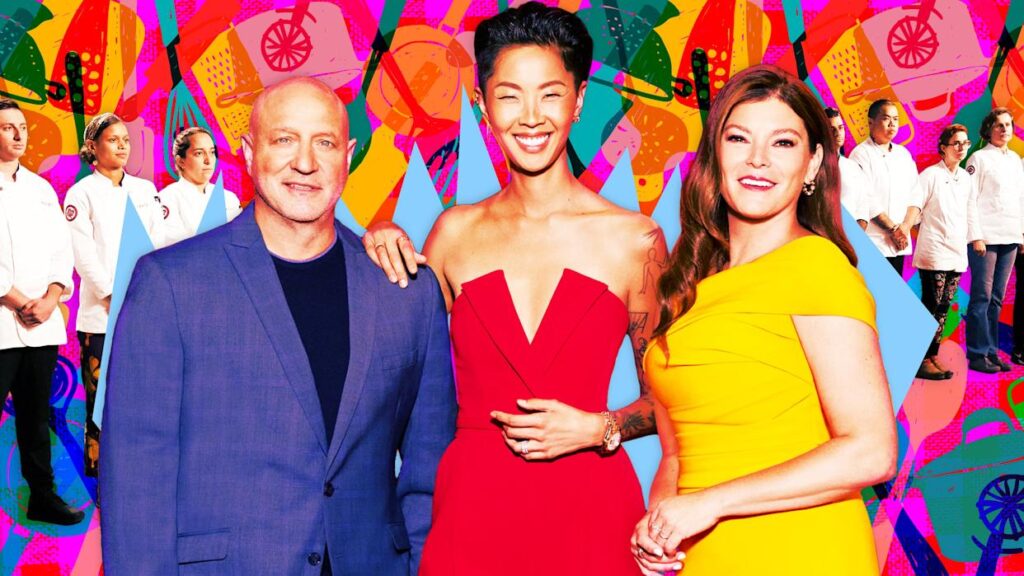 A photo illustration of Tom Colicchio, Kristen Kish, and Gail Simmons in front of the chefs from Season 22 of Top Chef.